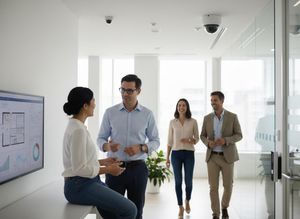 Four diverse professionals in a modern office. Two discuss data on a screen, two walk past. Security cameras visible overhead. Diverse Business Professionals in a Modern Office with Security Cameras