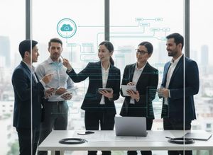 Five professionals in an office, using digital overlays to analyze cloud computing infrastructure, data flow, and network security concepts. Diverse Business Team Discussing Cloud Technology