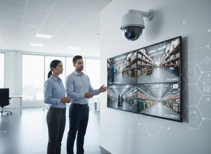 Business Professionals Monitoring Warehouse Security System