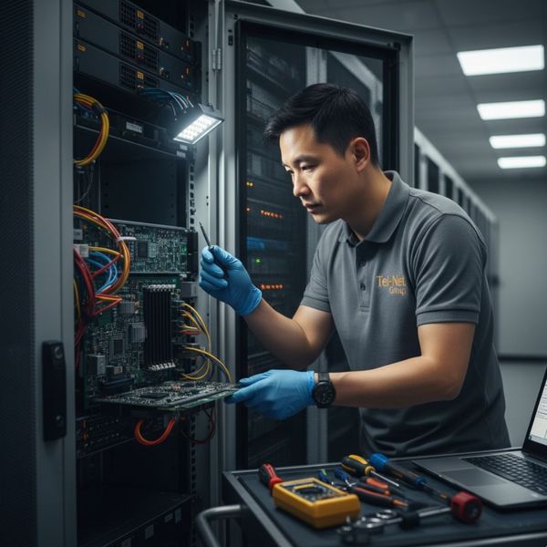 male IT technician, wearing a grey T-shirt with 'Tel-Net Group' logo and blue gloves, meticulously working inside an open server rack. male IT technician, wearing a grey T-shirt with 'Tel-Net Group' logo and blue gloves, meticulously working inside an open server rack.