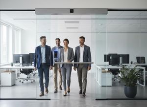 Business professionals entering modern office with access control