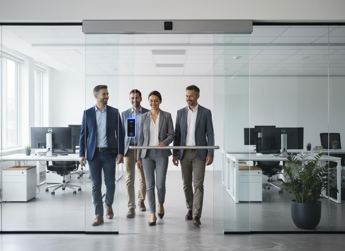 Business professionals entering modern office with access control