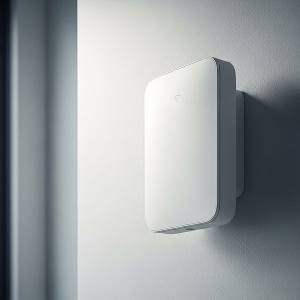 A minimalist, professional image of a modern white wireless access point mounted high on a clean office wall. The lighting is soft and professional, suggesting a seamless and reliable connection. No text.
