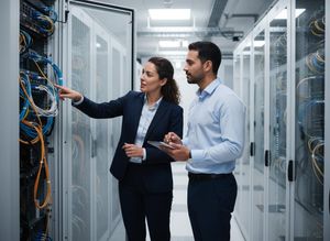 A woman in a suit points at colorful cables in a server rack while a man holding a tablet observes in a data center. IT professionals inspecting server cables in a data center