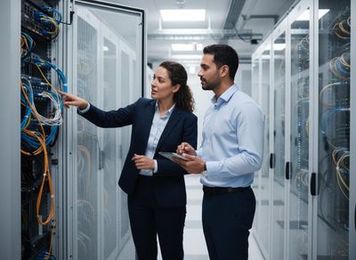 A woman in a suit points at colorful cables in a server rack while a man holding a tablet observes in a data center. IT professionals inspecting server cables in a data center