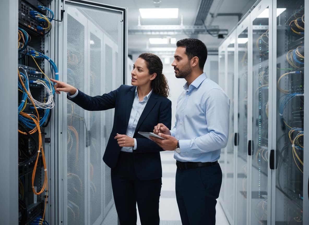 IT professionals inspecting server cables in a data center