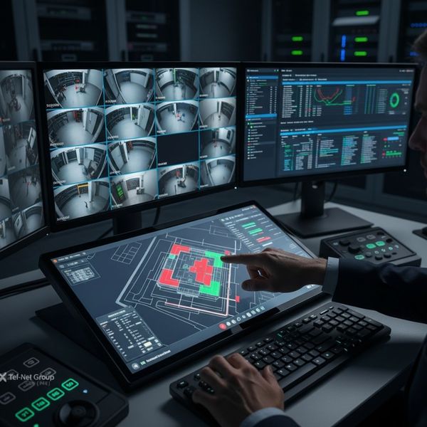 Close-up of a security professional's hands interacting with multiple screens in a control room. One large touchscreen displays a floor plan with security zones and another monitor shows a grid of live video surveillance feeds and data dashboards Close-up of a security professional's hands interacting with multiple screens in a control room. One large touchscreen displays a floor plan with security zones and another monitor shows a grid of live video surveillance feeds and data dashboards