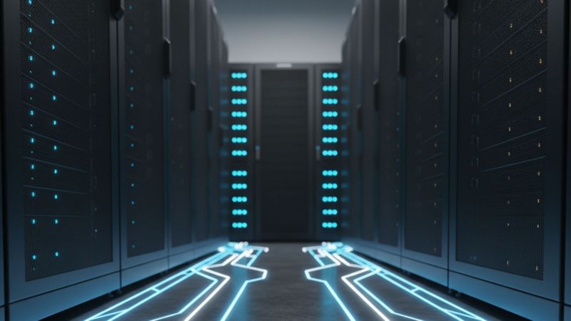 Modern data center floor with converging light lines representing a strong, scalable IT infrastructure foundation. Modern data center floor with converging light lines representing a strong, scalable IT infrastructure foundation.