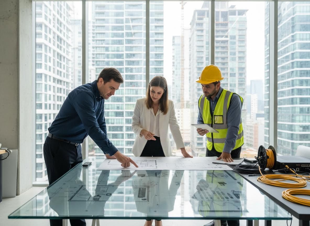 Engineers and architect reviewing construction blueprints
