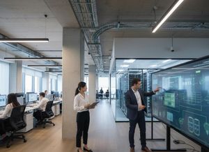 A man presents data on a large interactive screen to a woman with a tablet in a modern office with an open-plan workspace and a visible server room. IT professionals collaborate in a modern office with data center