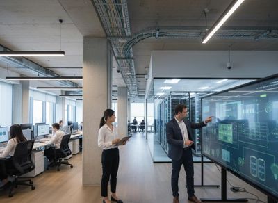 IT professionals collaborate in a modern office with data center