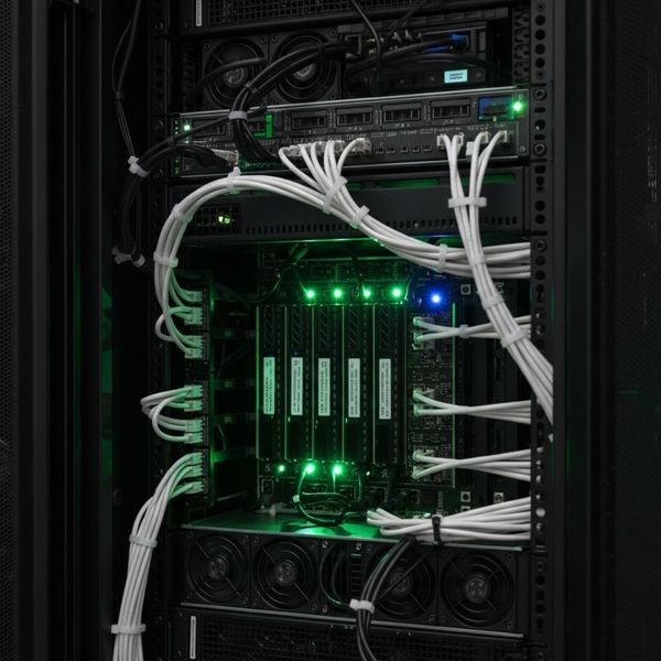 Close-up of optimized server cabinet wiring with an efficient green glow, representing reduced operational cost. Close-up of optimized server cabinet wiring with an efficient green glow, representing reduced operational cost.Close-up of optimized server cabinet wiring with an efficient green glow, representing reduced operational cost.