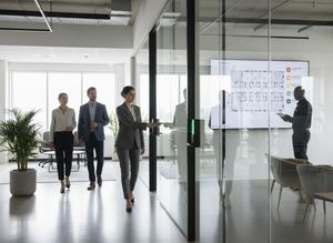 Business professionals using key card access in a modern office