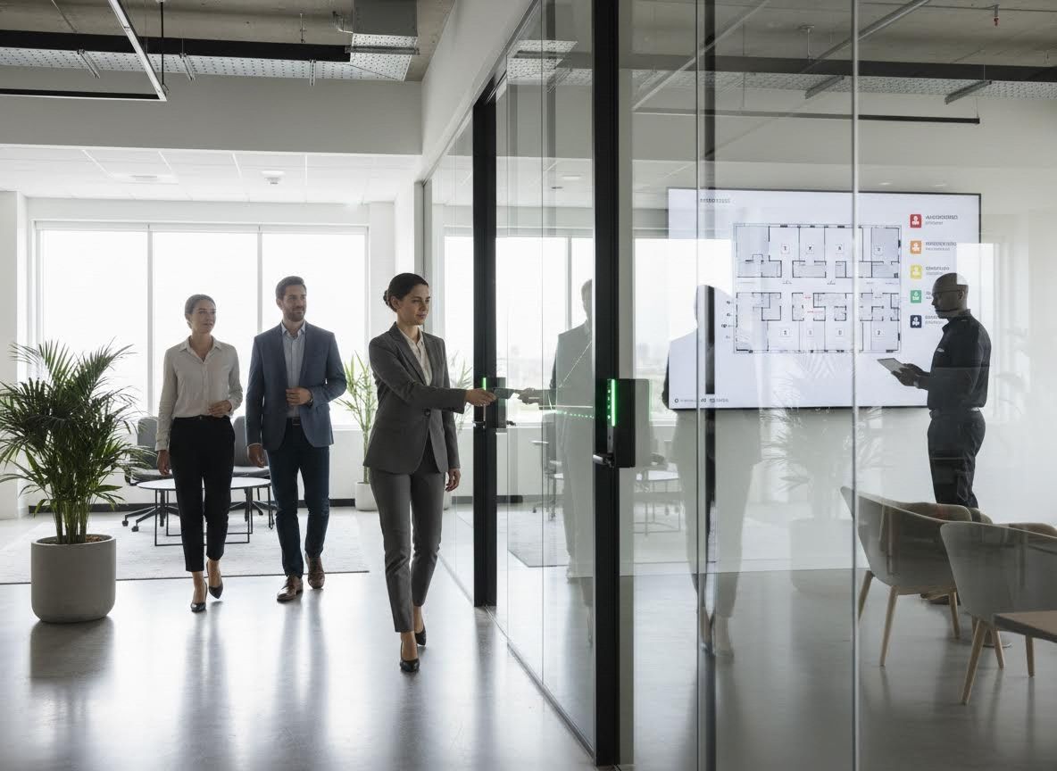 Business professionals using key card access in a modern office