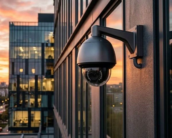 Video surveillance camera on building exterior