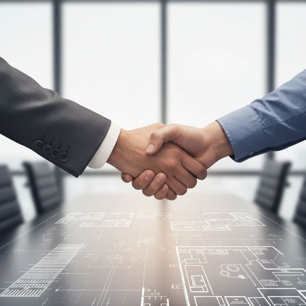 Two professionals' hands interlocking over a network blueprint, representing strategic partnership and expert project management. Two professionals' hands interlocking over a network blueprint, representing strategic partnership and expert project management.
