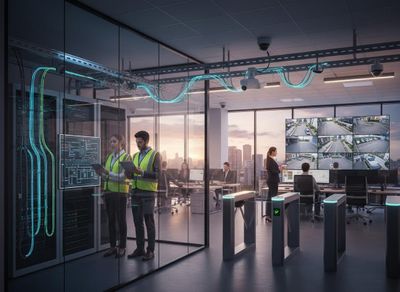 Engineers in vests manage servers with glowing cables, while security personnel monitor surveillance feeds and access control in a modern office. Integrated Security and Data Center Management with Personnel