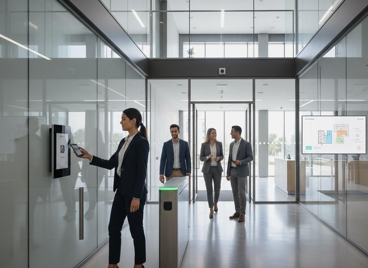 Woman using smartphone for secure office entry
