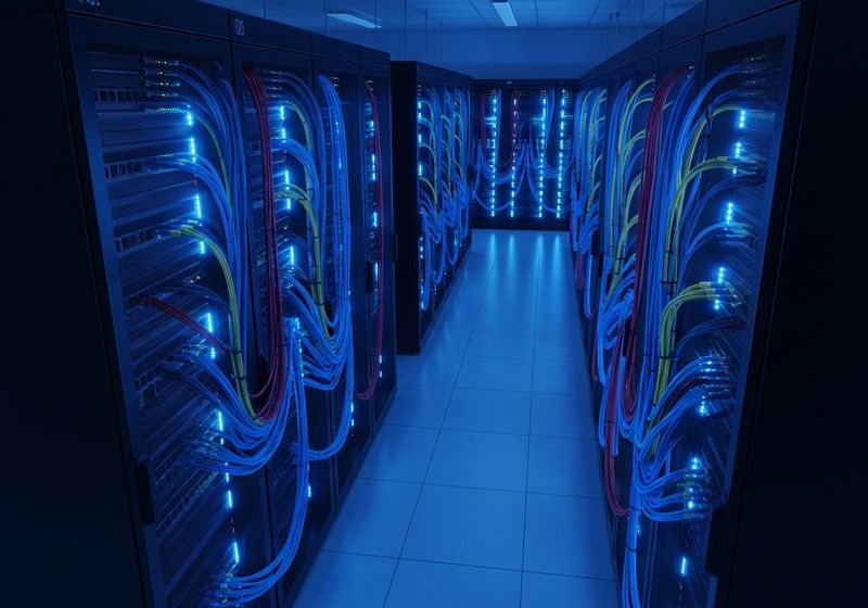 Professional organized server rack with glowing blue network cables representing turn-key security infrastructure.