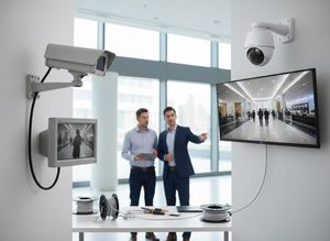 Men discussing security camera surveillance systems
