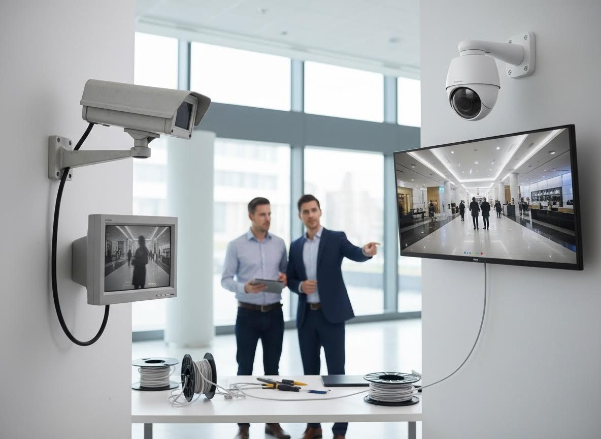 Men discussing security camera surveillance systems