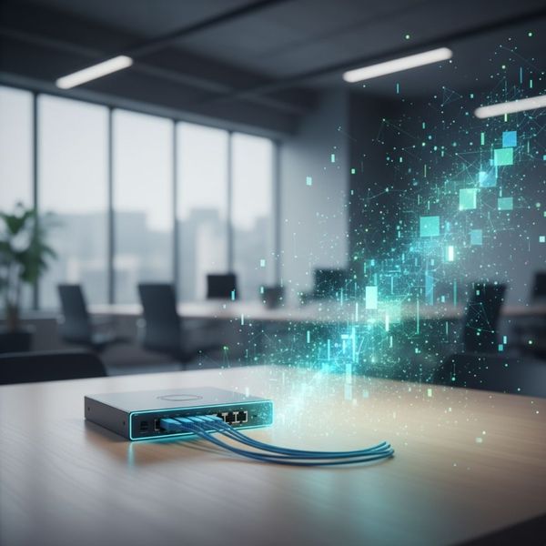 A network switch with blue ethernet cables on a wooden desk in a modern office. From the switch, glowing green and blue digital data streams expand outwards into a complex, abstract network, symbolizing scalable growth. A network switch with blue ethernet cables on a wooden desk in a modern office. From the switch, glowing green and blue digital data streams expand outwards into a complex, abstract network, symbolizing scalable growth.
