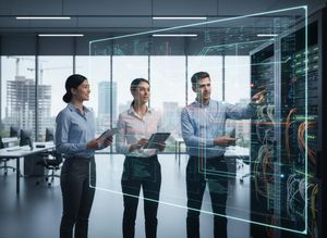 Three IT professionals, two women and one man, analyze data on a server rack with a futuristic holographic overlay, in a modern office. IT Professionals Analyzing Server Data with Holographic Interface