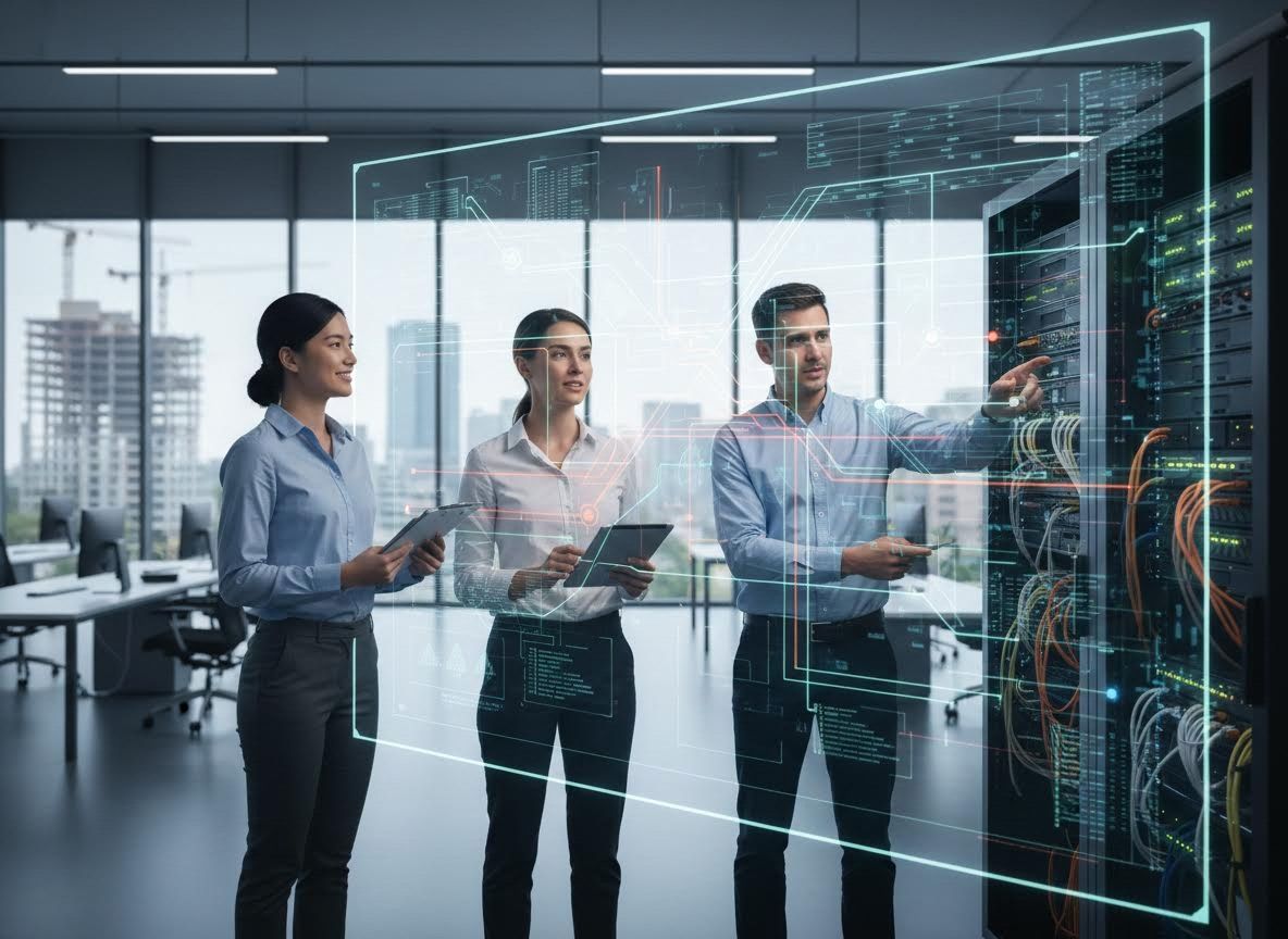 IT Professionals Analyzing Server Data with Holographic Interface