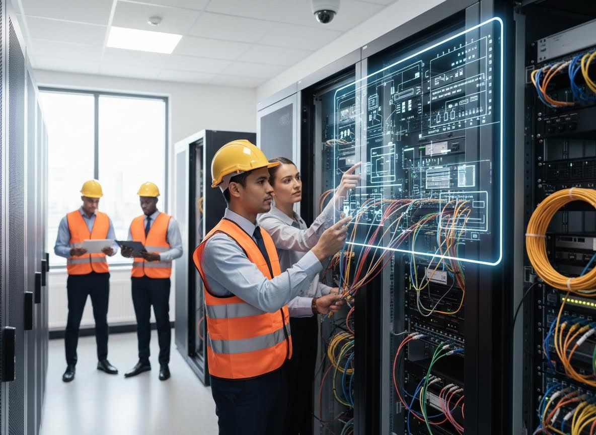 IT Professionals Working in Data Center with Holographic Interface