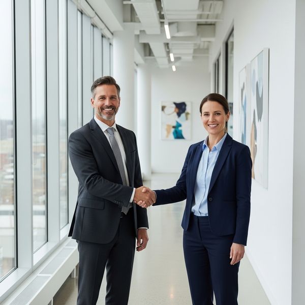  A professional business consultant in a suit shaking hands with a facility manager in a bright, modern office hallway, representing a successful partnership. No text.