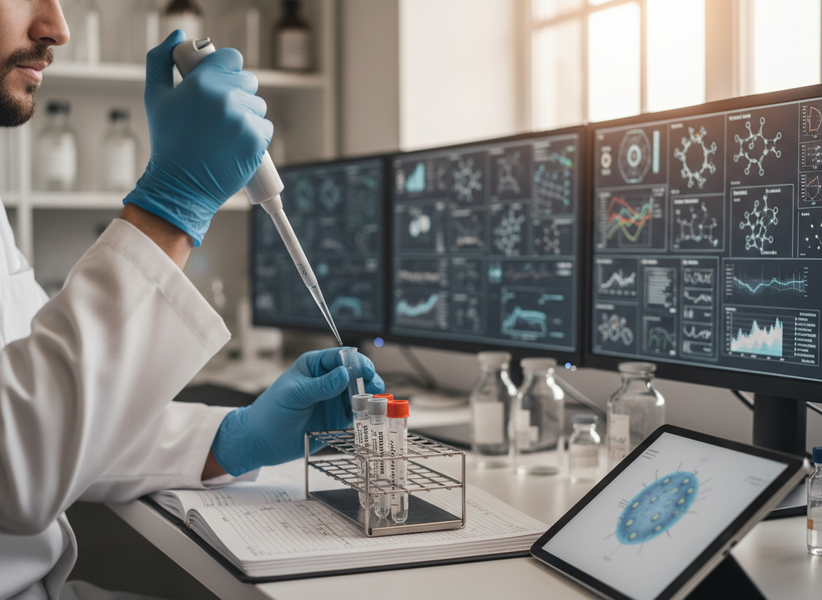 A scientist in a lab coat and blue gloves pipettes liquid into a test tube, with monitors displaying complex scientific data and graphs. Scientist Performing Lab Experiment
