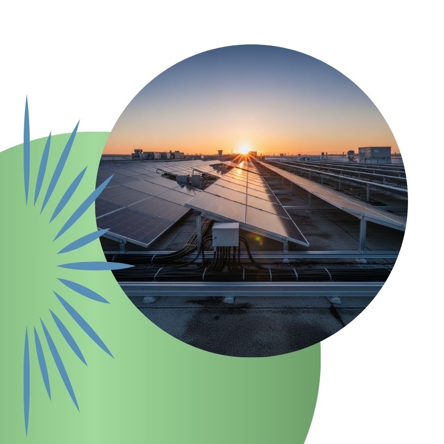 Sun rising above solar panels Sun rising above solar panels