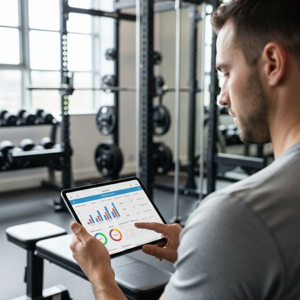 Man tracking progress on a tablet in a gym