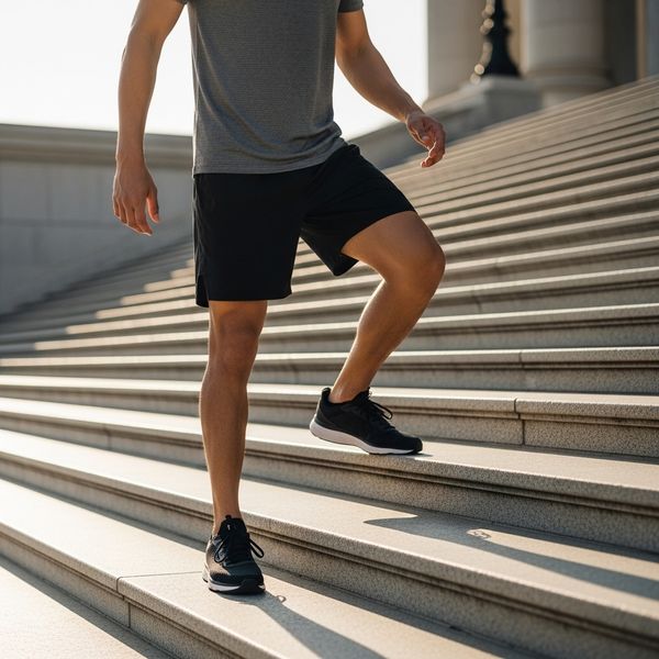 Person in workout clothes climbing the first step of a staircase, symbolizing small, actionable progress.