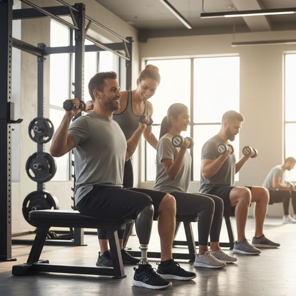 A diverse group of individuals engage in strength training with dumbbells under the guidance of a female coach in a well-lit gym.