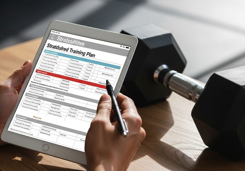 A pair of hands reviewing a structured fitness training plan on a tablet next to a dumbbell, symbolizing goal setting. A pair of hands reviewing a structured fitness training plan on a tablet next to a dumbbell, symbolizing goal setting.