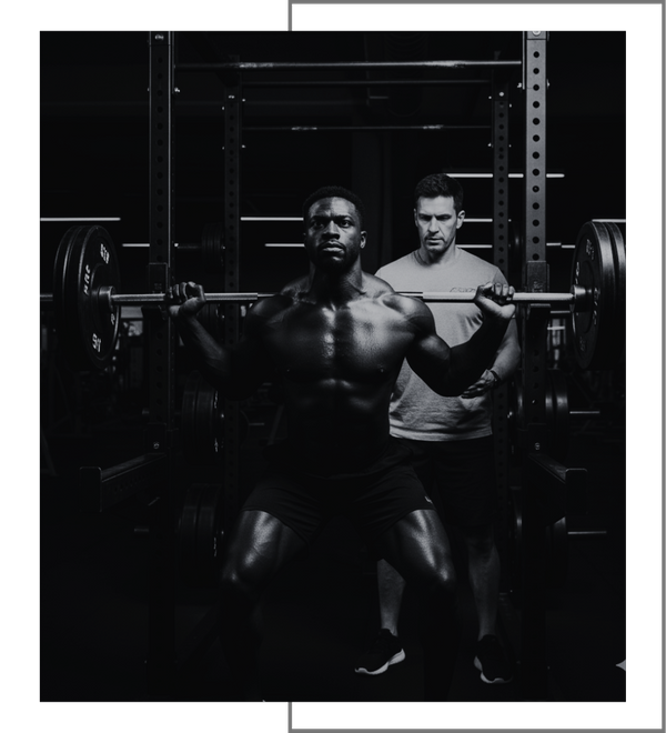 A determined client performing a heavy strength training lift, with strong focus and excellent form, representing their body transformation journey guided by an expert coach.