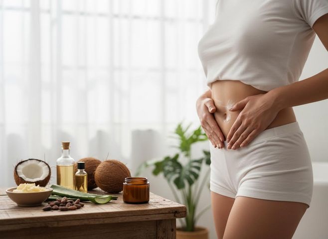 Woman applying body cream with natural skincare ingredients