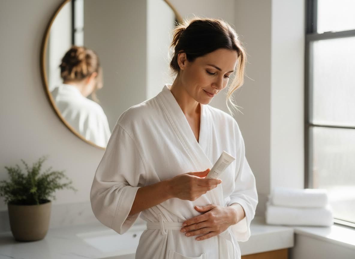 Woman in Bathrobe Examining Skincare Product