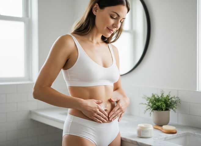 Woman applying body cream to her stomach in a bathroom