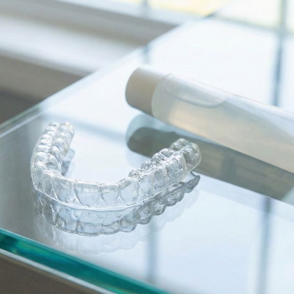 clear whitening tray sitting next to a tube of desensitizing gel