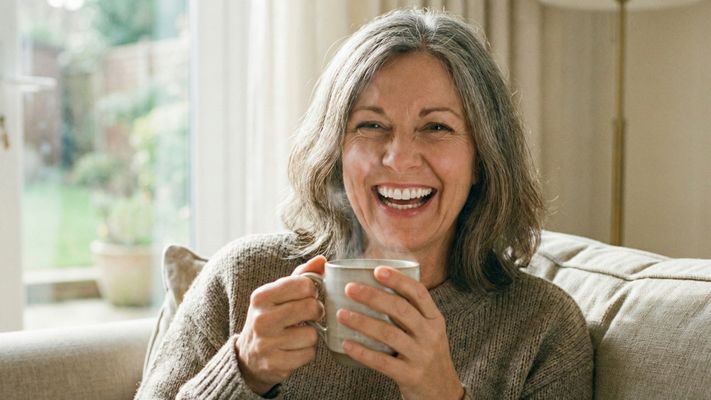 woman with a radiant, white smile, laughing