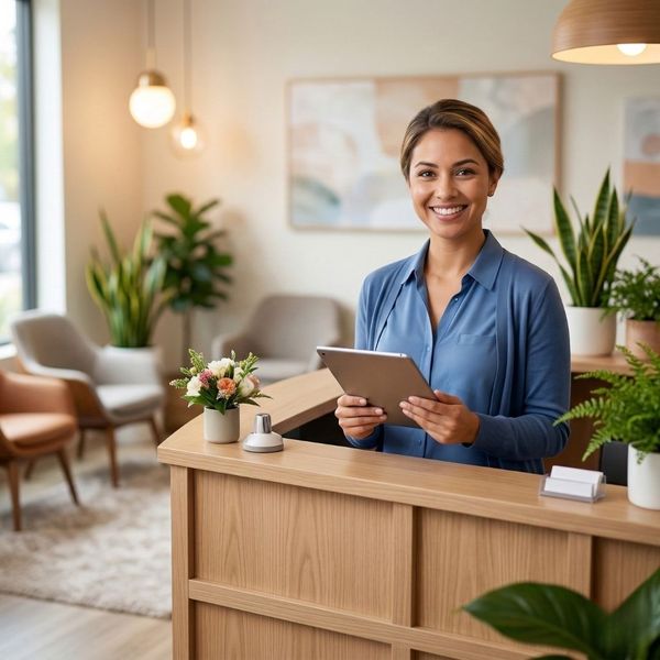 Friendly dental receptionist welcoming new patients to the practice.