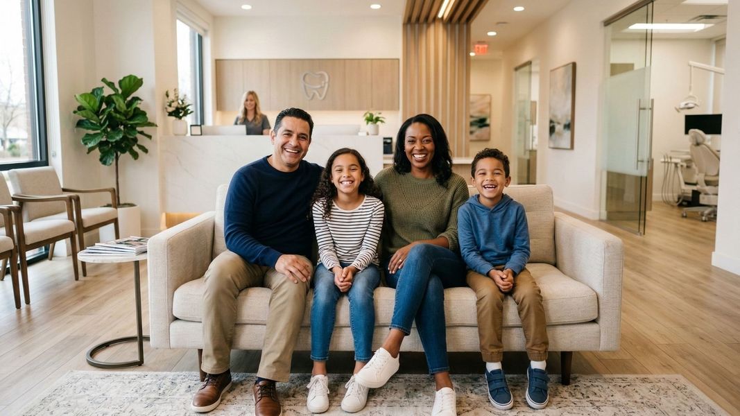 A happy diverse family smiling together in a modern dental office setting.
