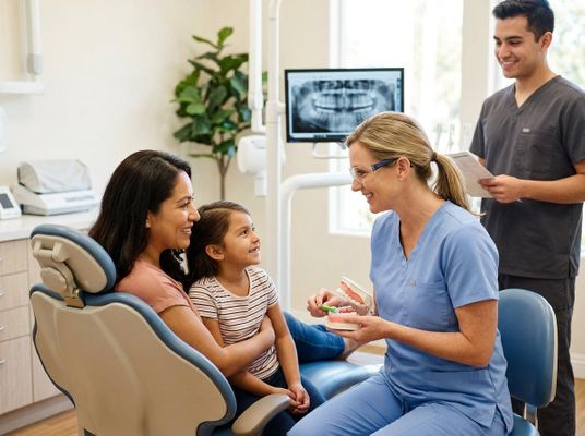 Dentist teaching child and mother about oral hygiene