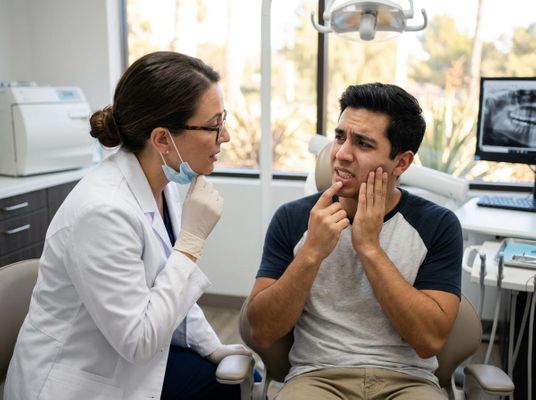 Dentist consulting with a patient experiencing tooth pain