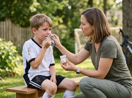 A woman kneels to comfort a crying boy in a dirty soccer uniform, wiping his face with a cloth and holding a small container. Mother comforting a crying boy after a soccer injury