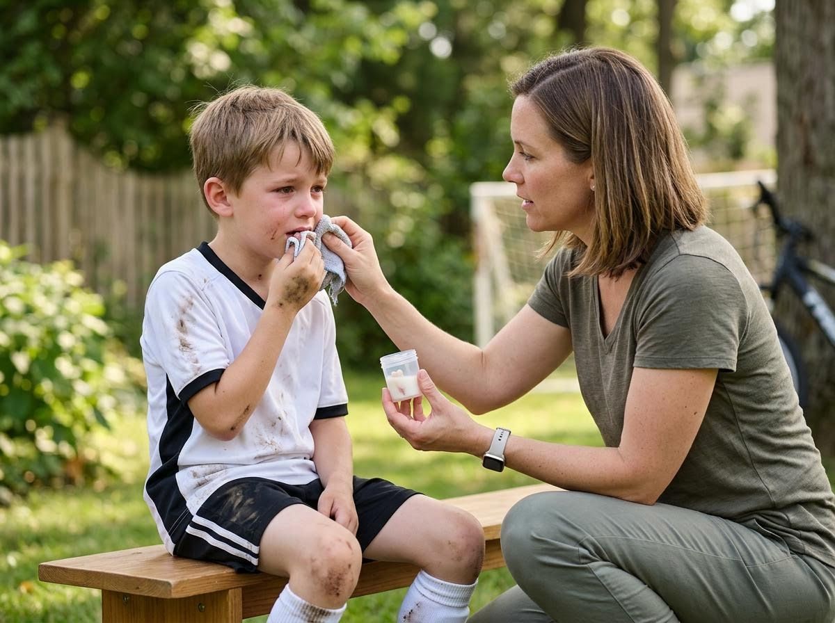 Mother comforting a crying boy after a soccer injury
