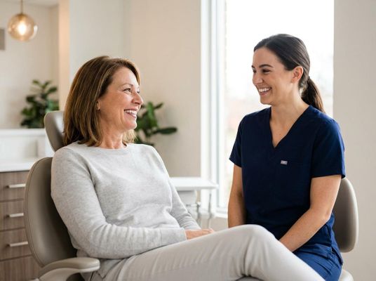Patient and dental professional in a friendly conversation