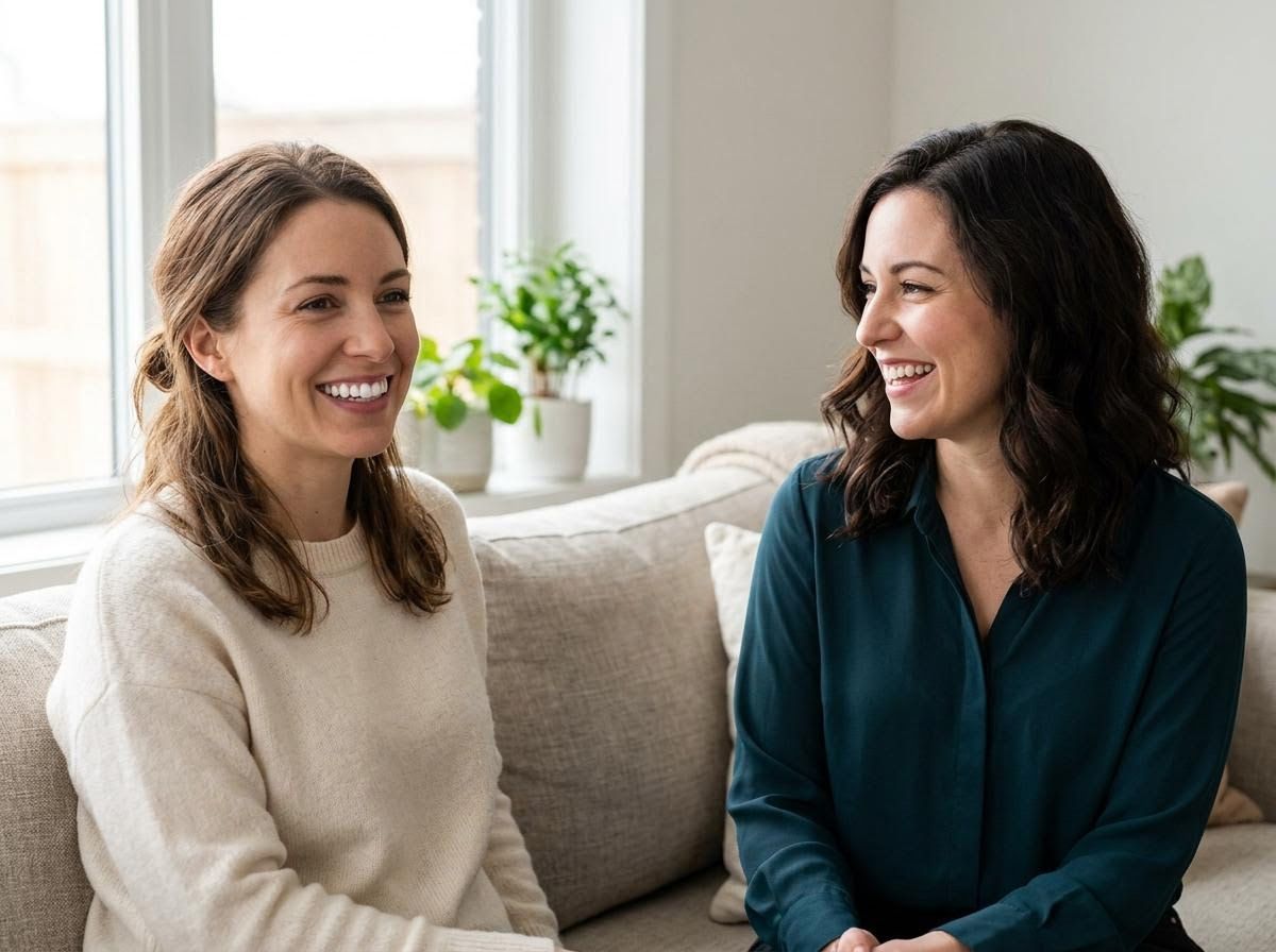 Two women talking and smiling on a sofa